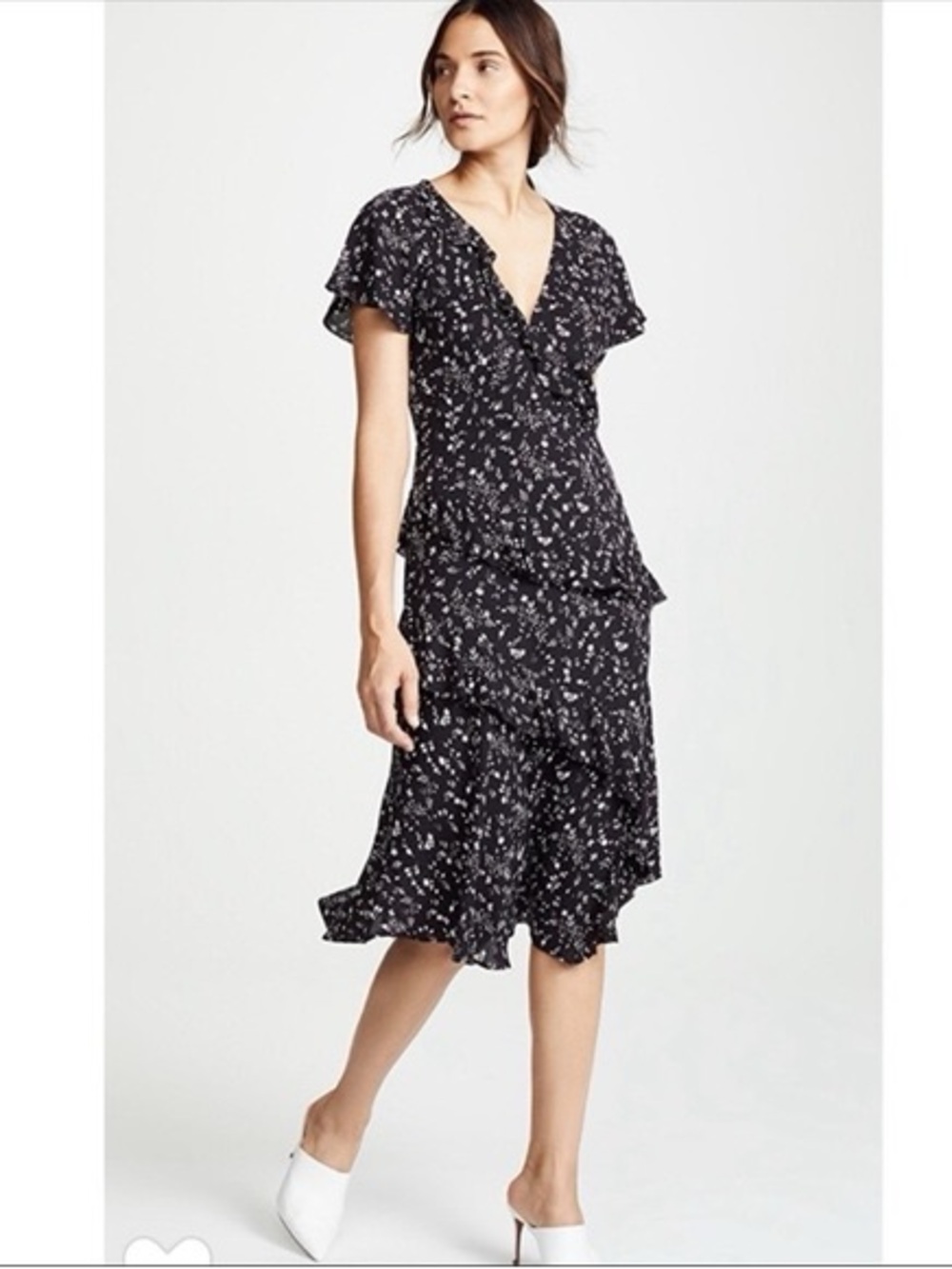 Joie Black Floral Ruffle Midi Dress